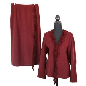 Vintage 90s Norton Mcnaughton Oxblood Maroon Burgundy Skirt Suit FRINGE 10 12